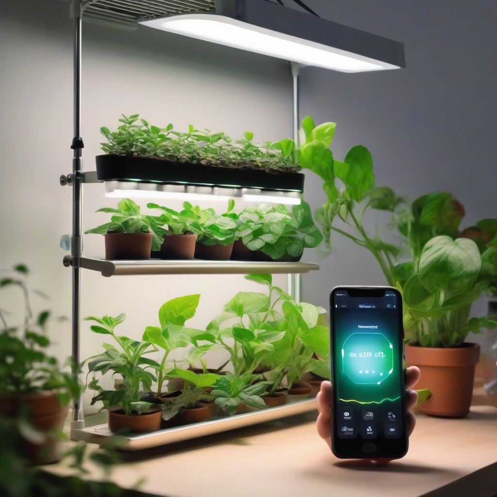 A Person Using a Smartphone App to Control the Light Intensity of an LED Grow Light Illuminating a Variety of Indoor Plants