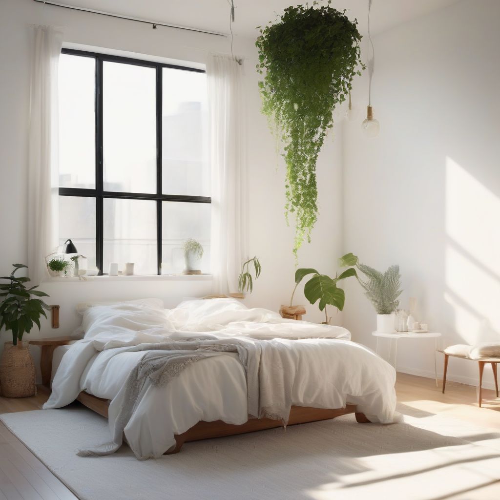 Minimalist Bedroom with Hanging Plants